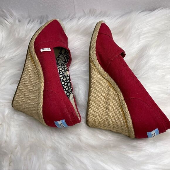 Toms Calypso Red Canvas Peep Toe Wedge Espadrille 10 - Picture 5 of 8